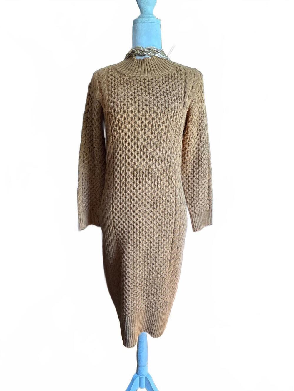Sandra Darren Caramel Mock Neck Cableknit Sweater Dress M